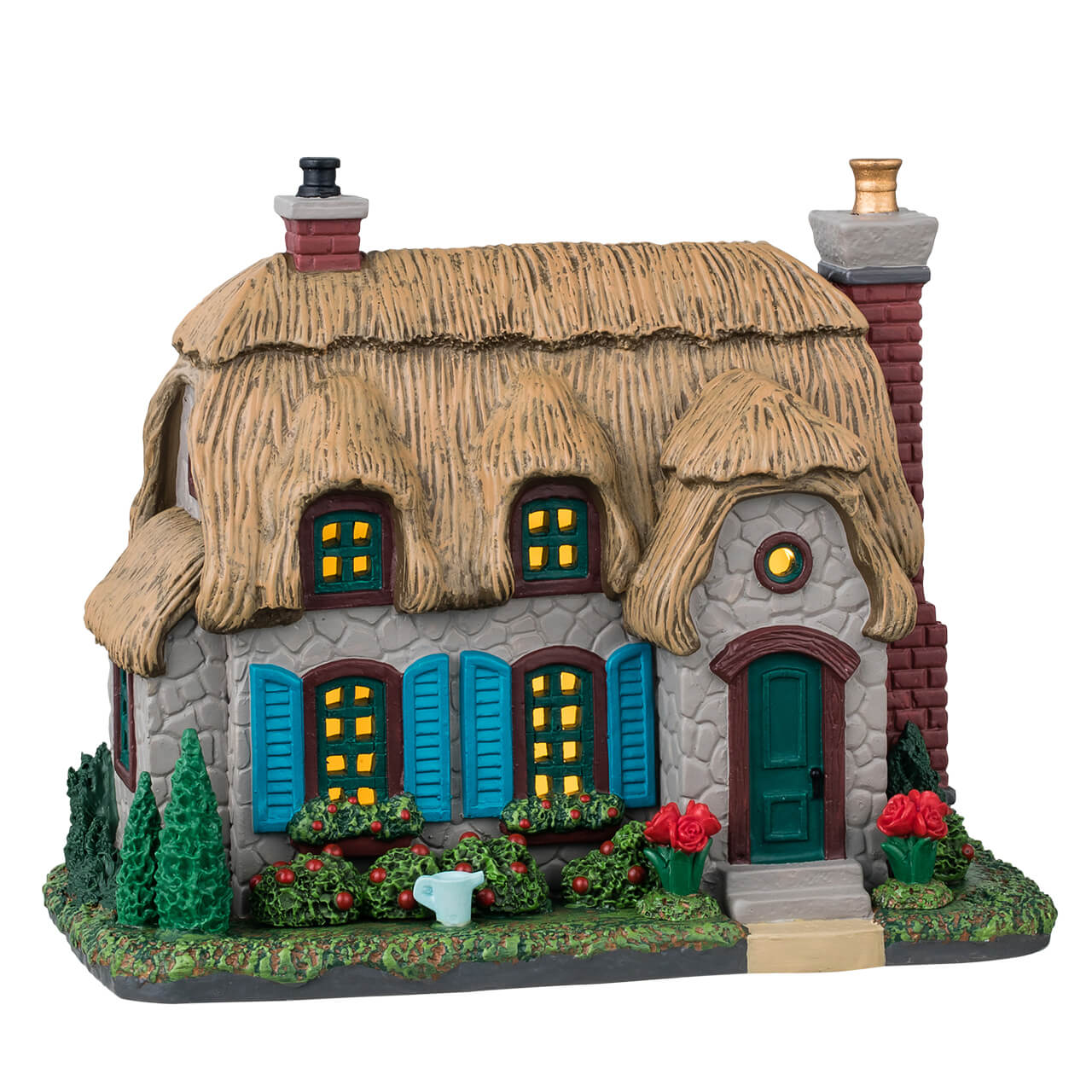 Abigail's Cottage Lemax con tetto di paglia dorata, muri in pietra grigia, persiane blu e giardino fiorito per Villaggio di Natale Lemax illuminato - Dematteis.it