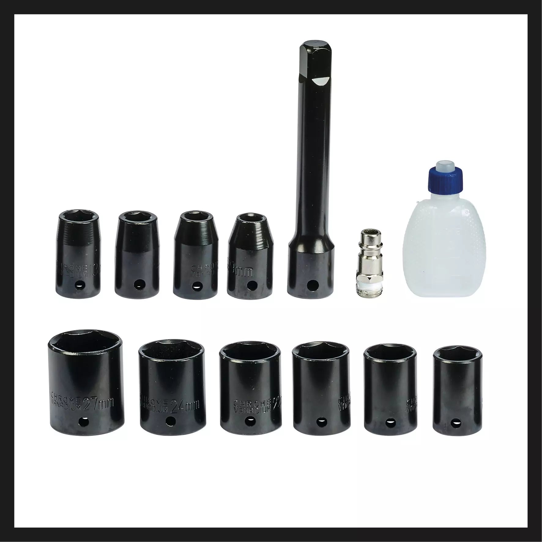 Kit completo avvitatore pneumatico Einhell TC PW 610 con 10 inserti a bussola di diverse dimensioni, prolunga da 125 mm, boccetta d'olio e raccordo rapido per un utilizzo immediato nei lavori di officina. | Dematteis.it