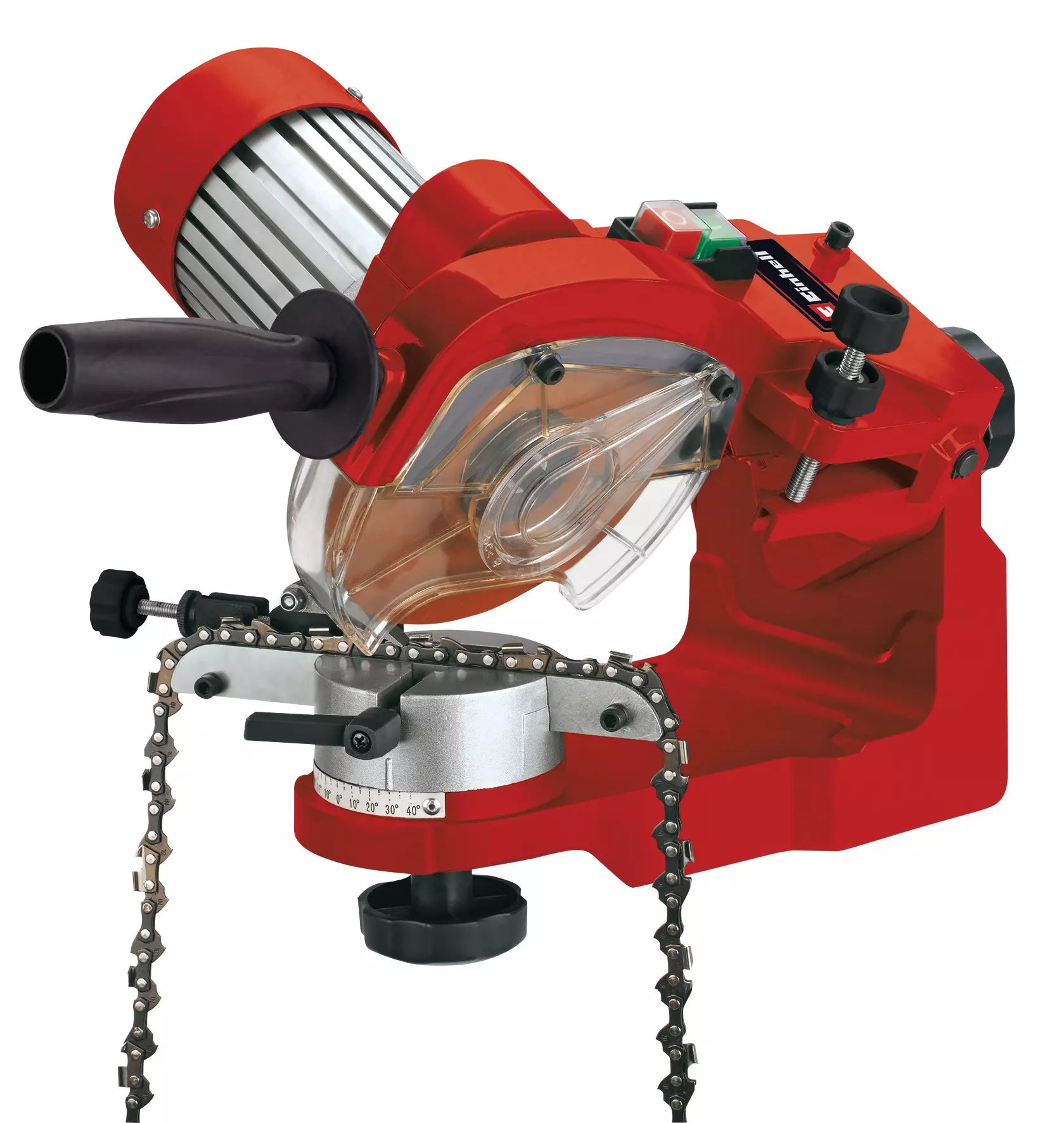 L'affila catene GC CS 235 E di Einhell in colorazione rossa, dotato di scala graduata per regolazione precisa, illuminazione integrata e limitatore di profondità per la manutenzione professionale delle catene. | Dematteis.it
