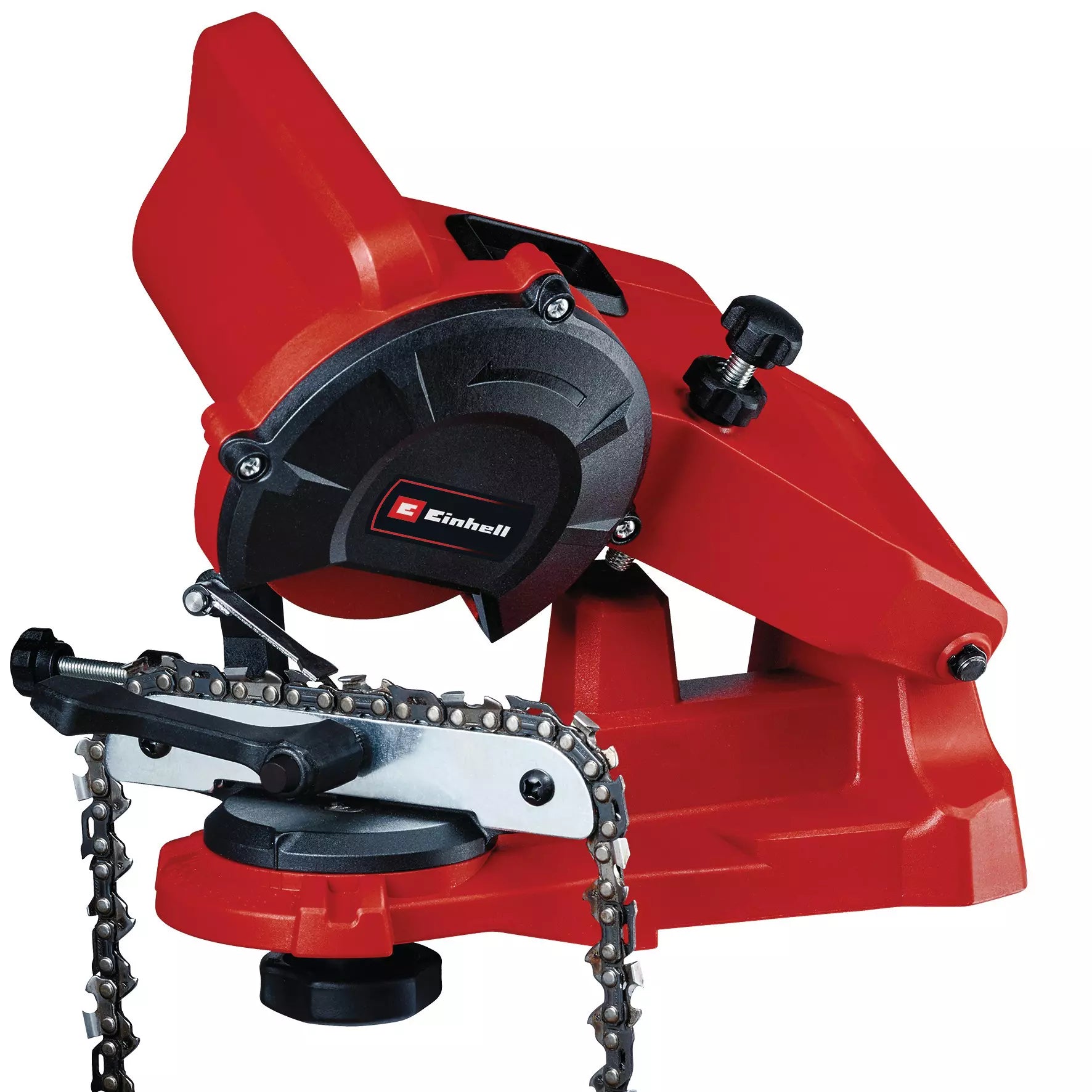 L'affila catene GC CS 85 E Einhell con dispositivo di serraggio girevole, scala graduata per la regolazione dell'angolo e limitatore di profondità per un'affilatura professionale delle catene. | Dematteis.it