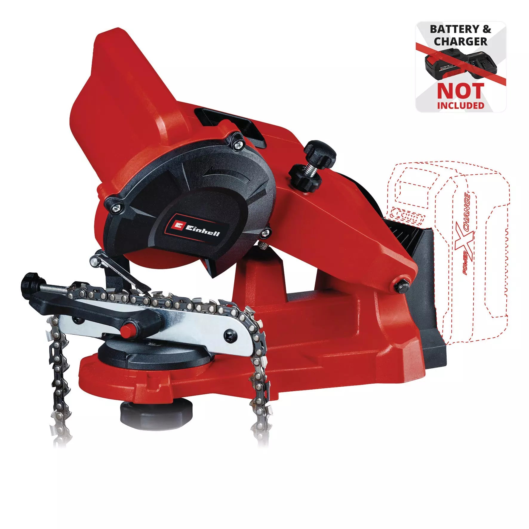 Affilacatene GE-CS 18 Li di Einhell in colorazione rossa con disco abrasivo e sistema di tensionamento della catena, parte della famiglia Power X-Change con tecnologia a batteria da 18V (batteria non inclusa). | Dematteis.it