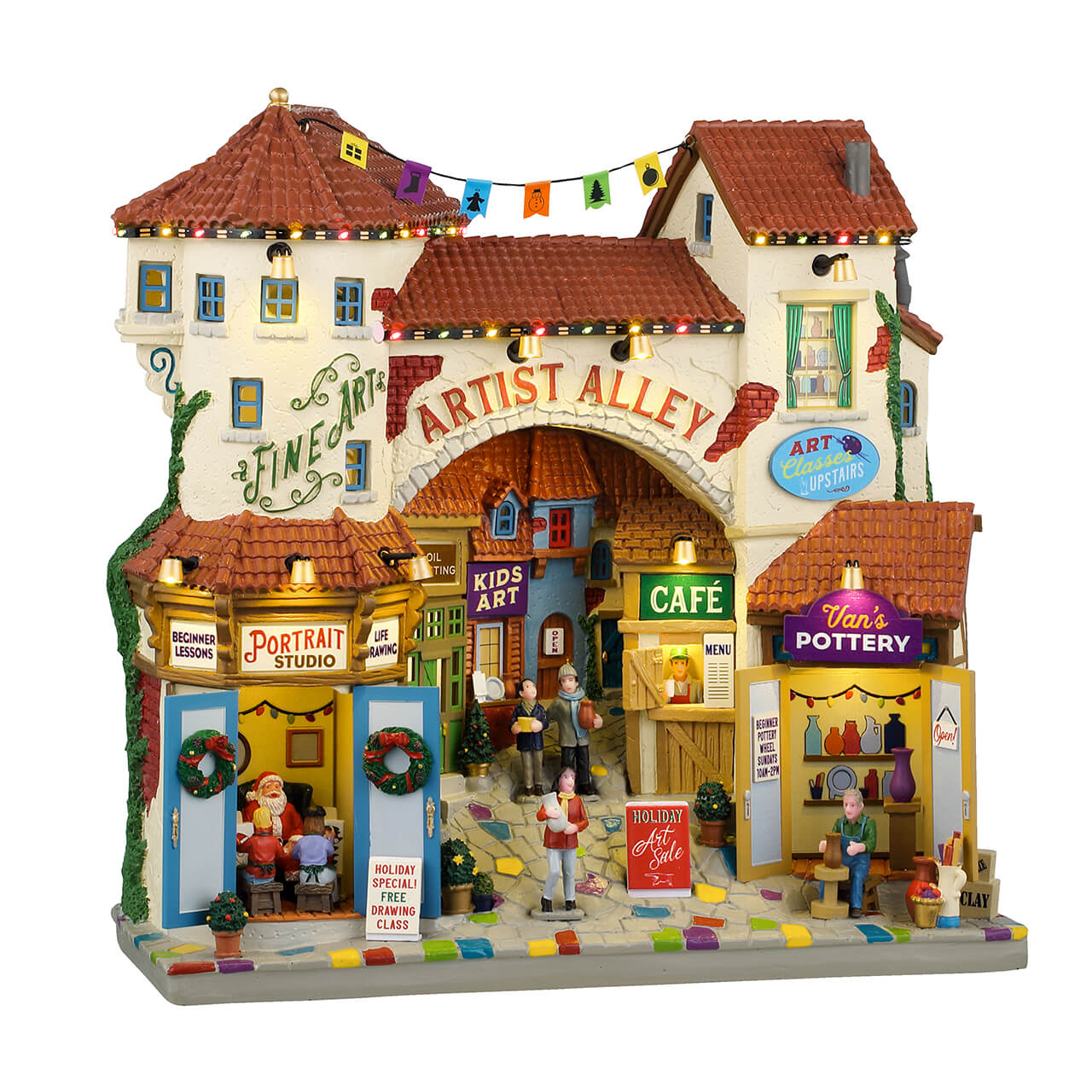 Vicolo degli Artisti Lemax illuminato con laboratori d'arte, Van's Pottery, caffetteria e personaggi, pezzo da collezione per Villaggio di Natale Lemax | Dematteis.it
