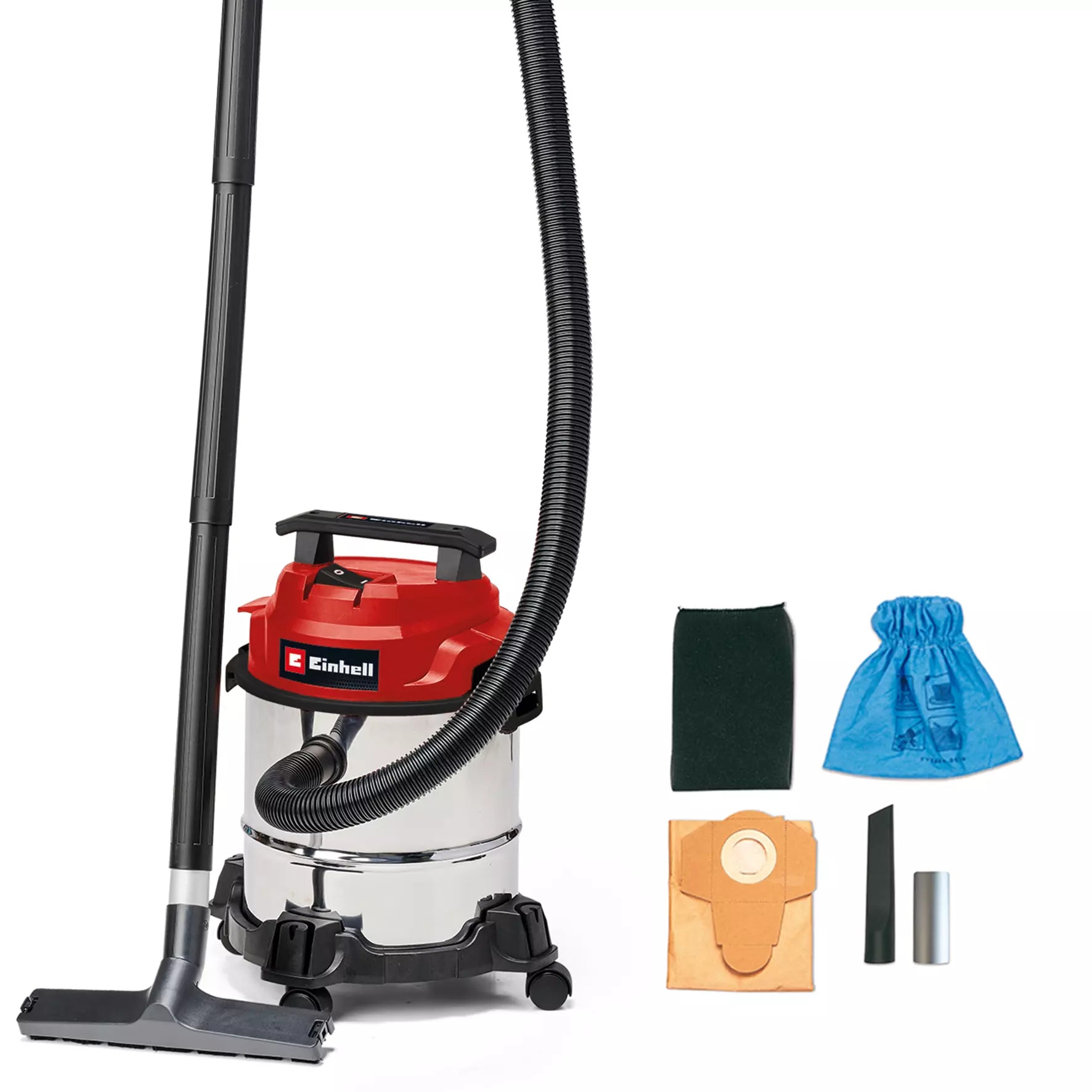 Aspiratore solidi e liquidi TC VC 1812/1 S Einhell con contenitore in acciaio inox da 12 litri, tubo flessibile da 1,5m e accessori completi per pulizia professionale di superfici asciutte e bagnate. | Dematteis.it