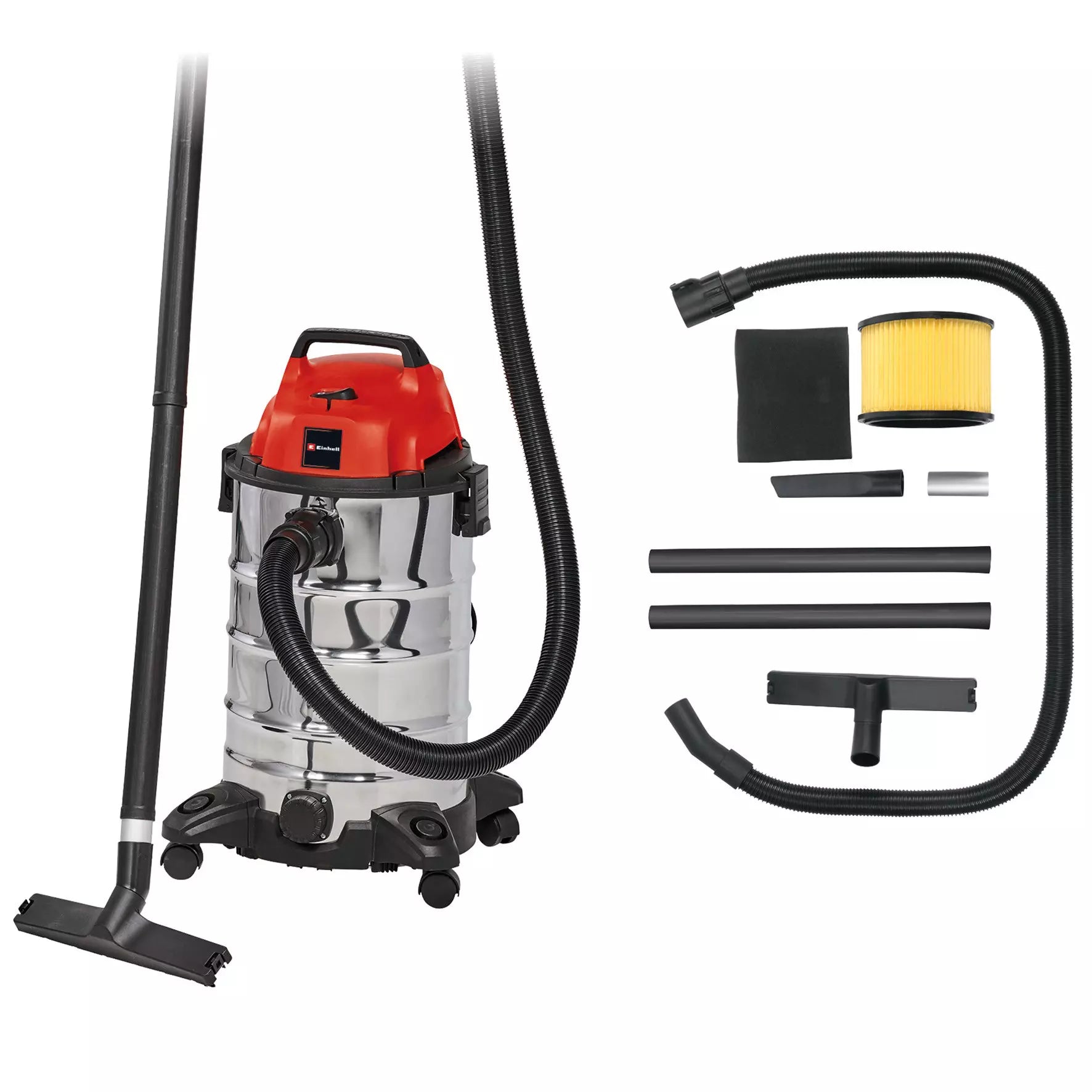 Aspiratore solidi e liquidi TC VC 1930 S Einhell con serbatoio in acciaio inossidabile da 30 litri, tubo flessibile da 2,5m e set completo di accessori per pulizie domestiche e professionali. | Dematteis.it