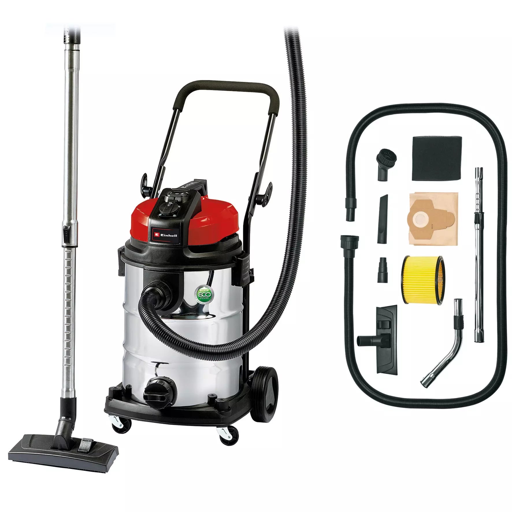 L'aspiratore solidi e liquidi TE VC 2230 SA di Einhell con serbatoio in acciaio inossidabile da 30 litri, tubo flessibile da 3 metri e sistema trolley per una facile movimentazione durante le operazioni di pulizia. | Dematteis.it