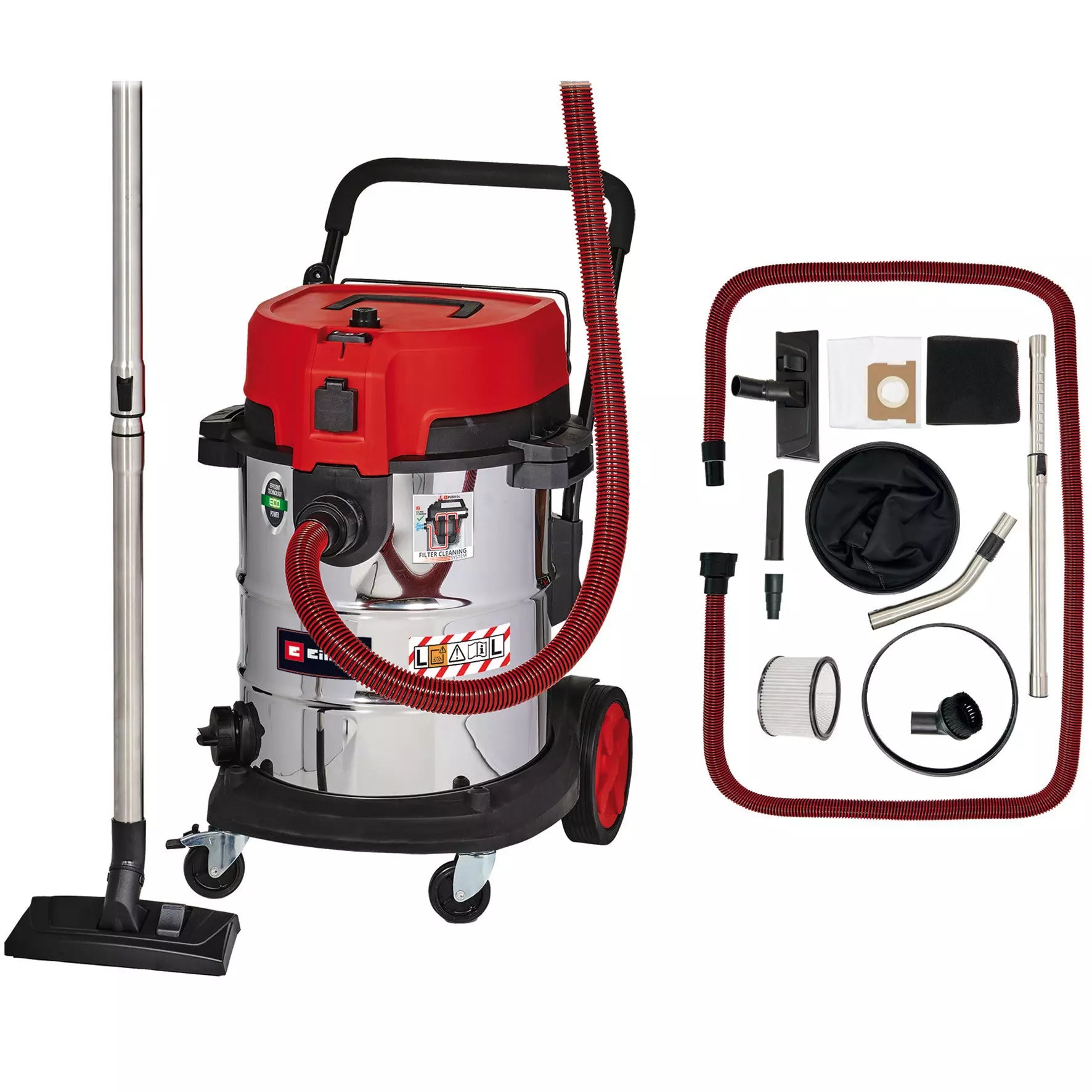 Aspiratore solidi e liquidi TE VC 2350 SACL di Einhell con serbatoio in acciaio inox da 50L, potente motore da 1600W, completo di accessori e sistema di filtrazione HEPA per pulizie professionali. | Dematteis.it