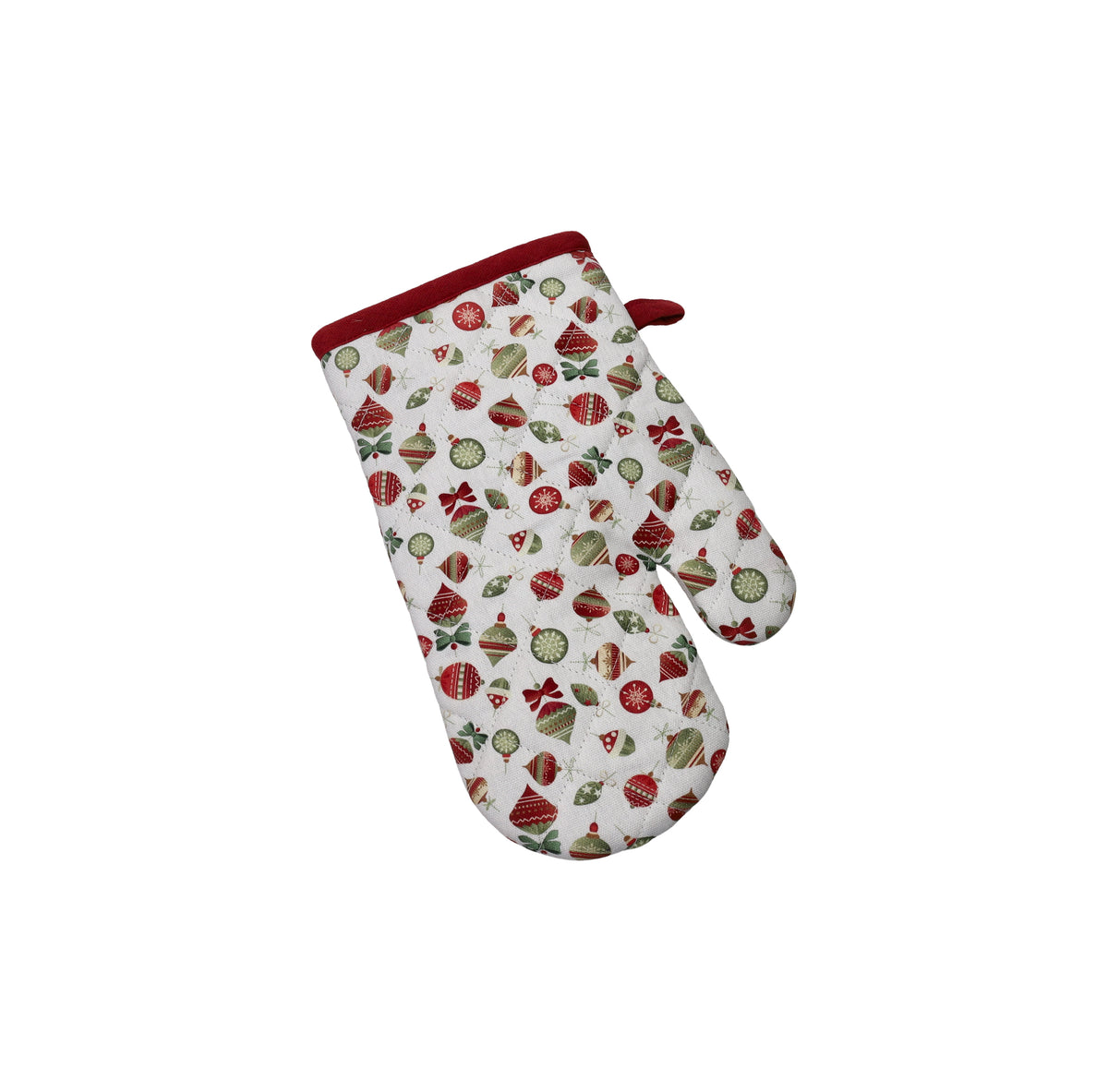 Brandani, Guanto Micro Bianco 17x27 cm con stampa di palline natalizie rosse e verdi e bordo in tessuto rosso, decorazione per la tavola di Natale - DeMatteis.it