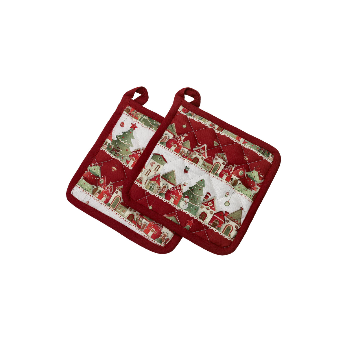 Brandani, Set 2 presine da cucina Righe Casine 18x18 cm, imbottite con bordo rosso e fantasia natalizia a casette, con passante per appendere - DeMatteis.it