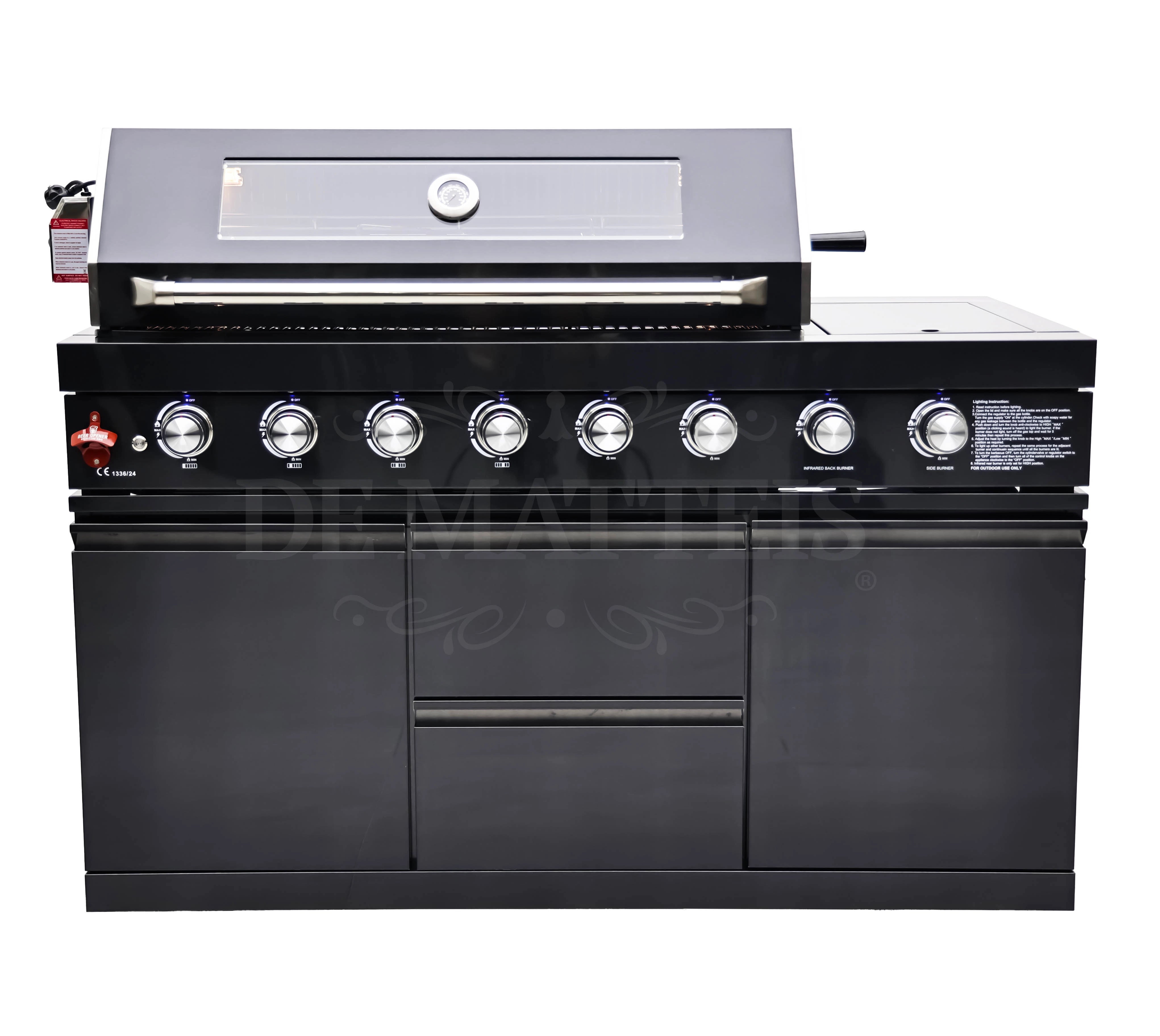 Barbecue A Gas Pro 6 Fornello E Girarrosto in acciaio inox nero con coperchio in vetro, 6 bruciatori professionali, fornello laterale e sistema di illuminazione integrato per una cucina da esterno completa | Dematteis.it