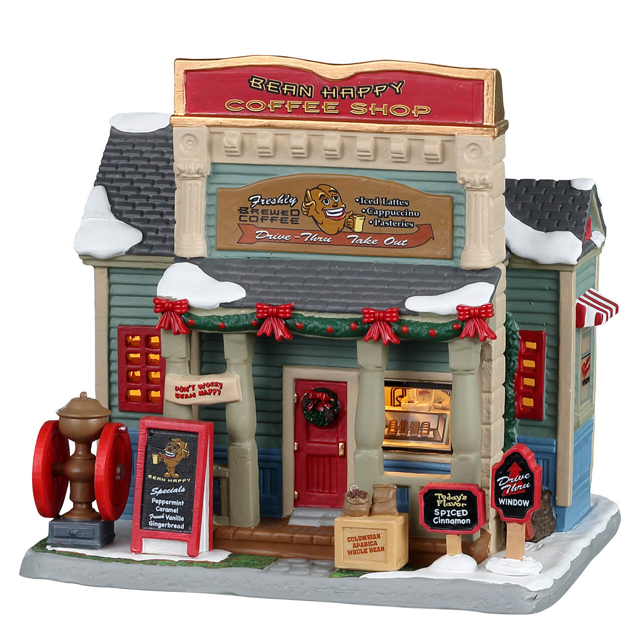 Bean Happy Coffee Shop Lemax con facciata vittoriana verde acqua, insegna rossa, decorazioni natalizie e vetrine illuminate per Villaggio di Natale Lemax
 | Dematteis.it