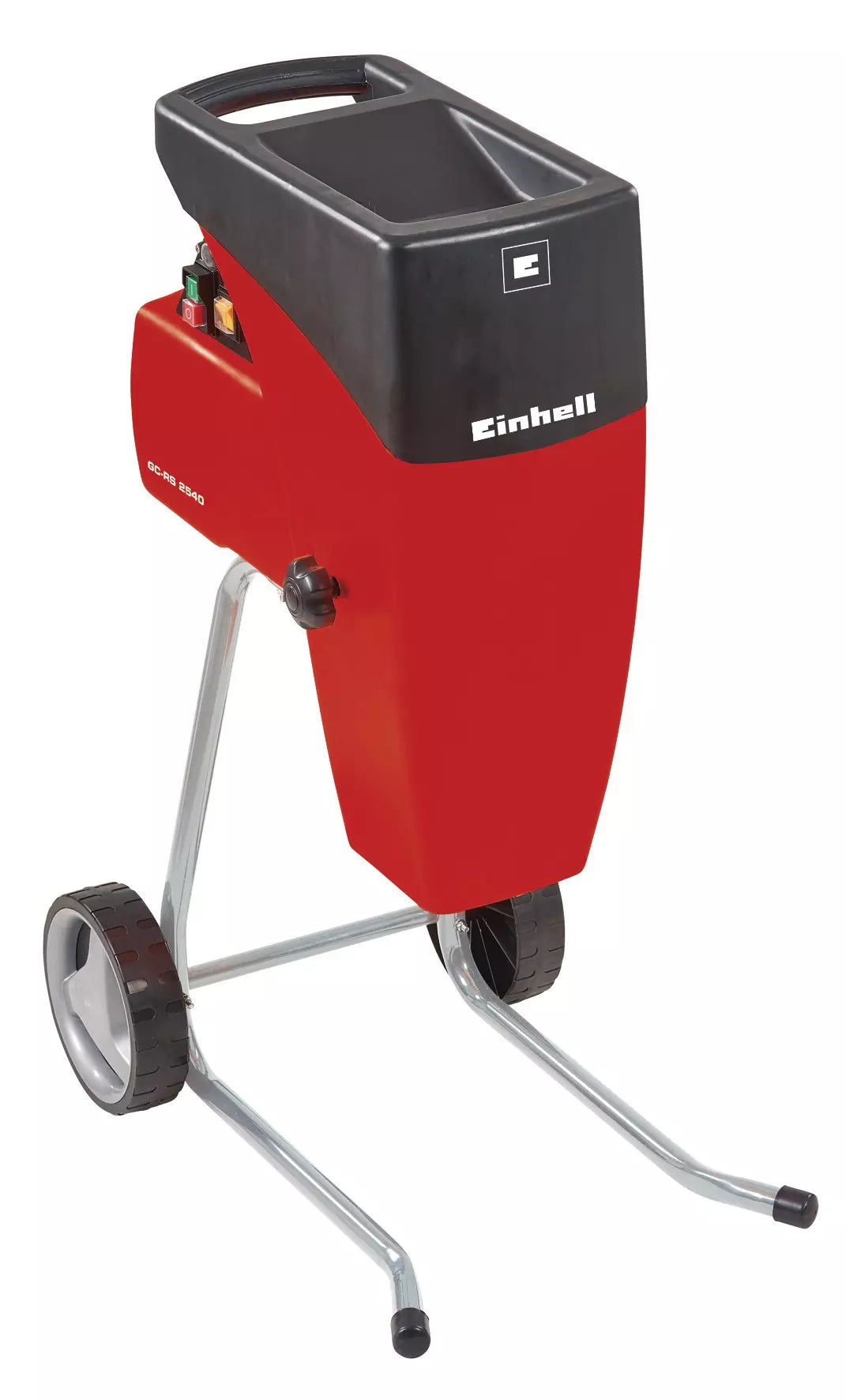 Il potente biotrituratore elettrico GC-RS 2540 di Einhell in colorazione rossa con maniglia di trasporto, sistema di ruote integrate e ampia tramoggia superiore per l'inserimento degli scarti verdi. | Dematteis.it