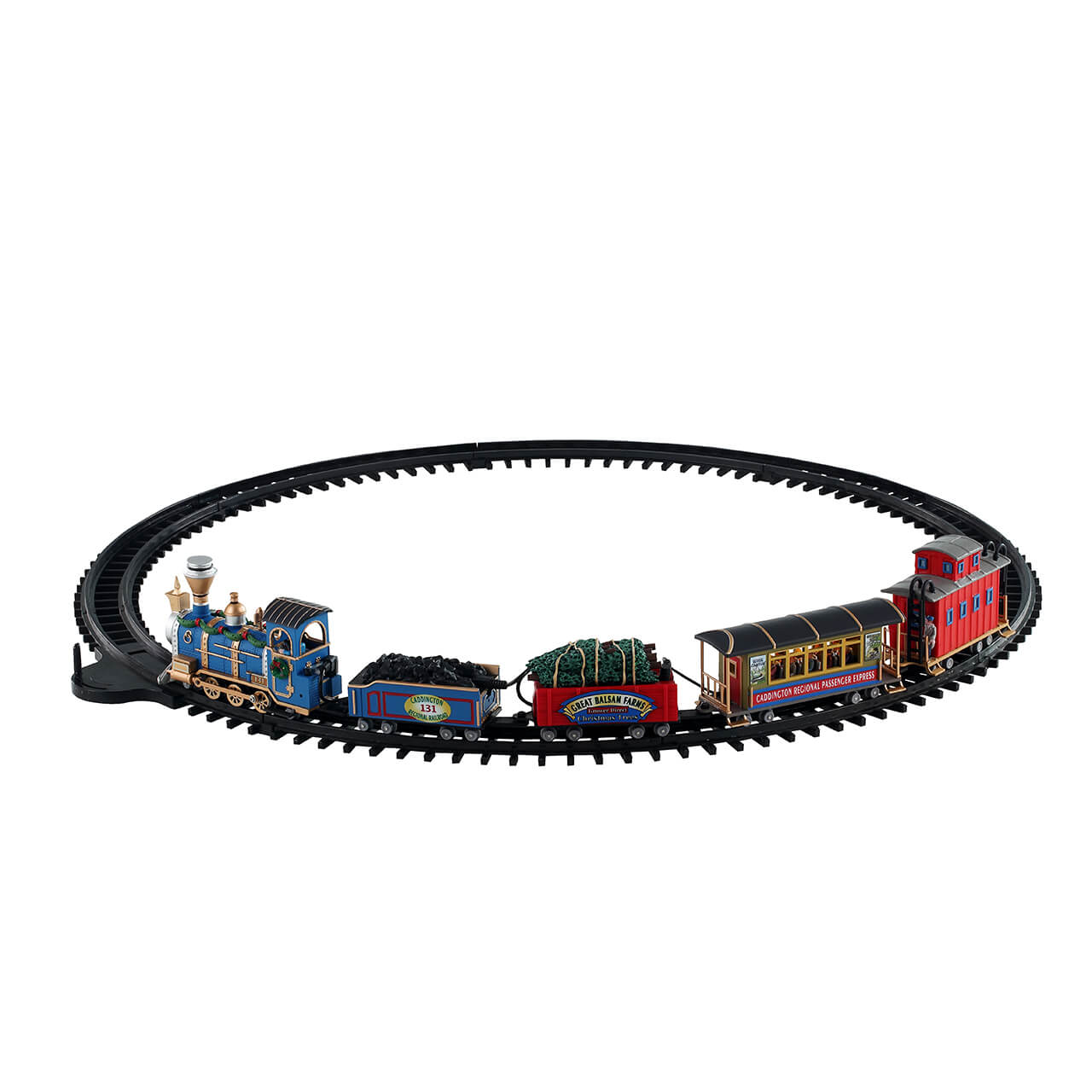 Caddington Regional Railroad Lemax treno completo con locomotiva blu numero 131, vagone alberi Natale e binari ovali per villaggio natalizio miniaturizzato | Dematteis.it