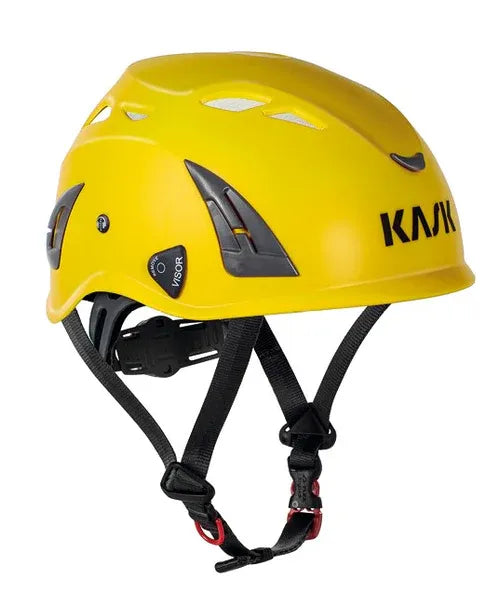 Casco Kask Plasma Aq giallo con sistema di ventilazione avanzato, certificato EN 397, dotato di regolazione micrometrica e predisposizione per accessori professionali. | Dematteis.it