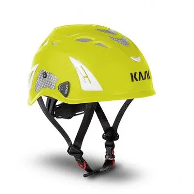 Casco Kask Plasma Aq Hi Viz giallo fluo con calotta gialla fluorescente, sistema di ventilazione integrato e clip luminescenti, certificato CE EN 397 per massima sicurezza professionale. | Dematteis.it