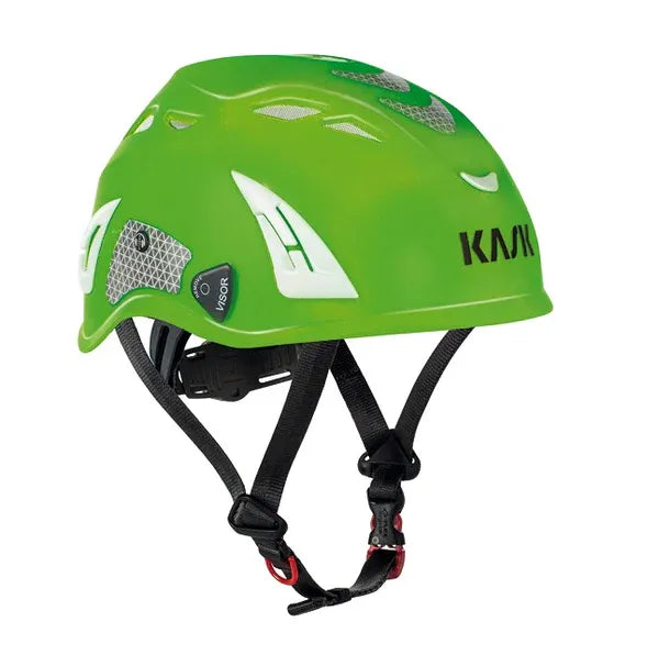 Casco Kask Plasma Aq Hi Viz verde fluo con calotta lime fluorescente, sistema di ventilazione integrato e certificazione CE EN 397 per massima sicurezza. | Dematteis.it