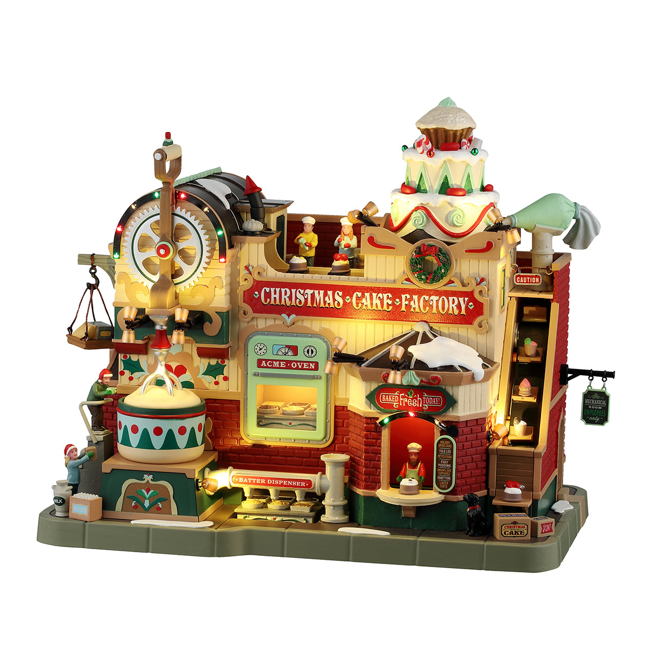 Christmas Cake Factory Lemax illuminata con personaggi al lavoro, perfetta per Villaggio di Natale con dettagli artigianali e Fabbrica di dolci | Dematteis.it