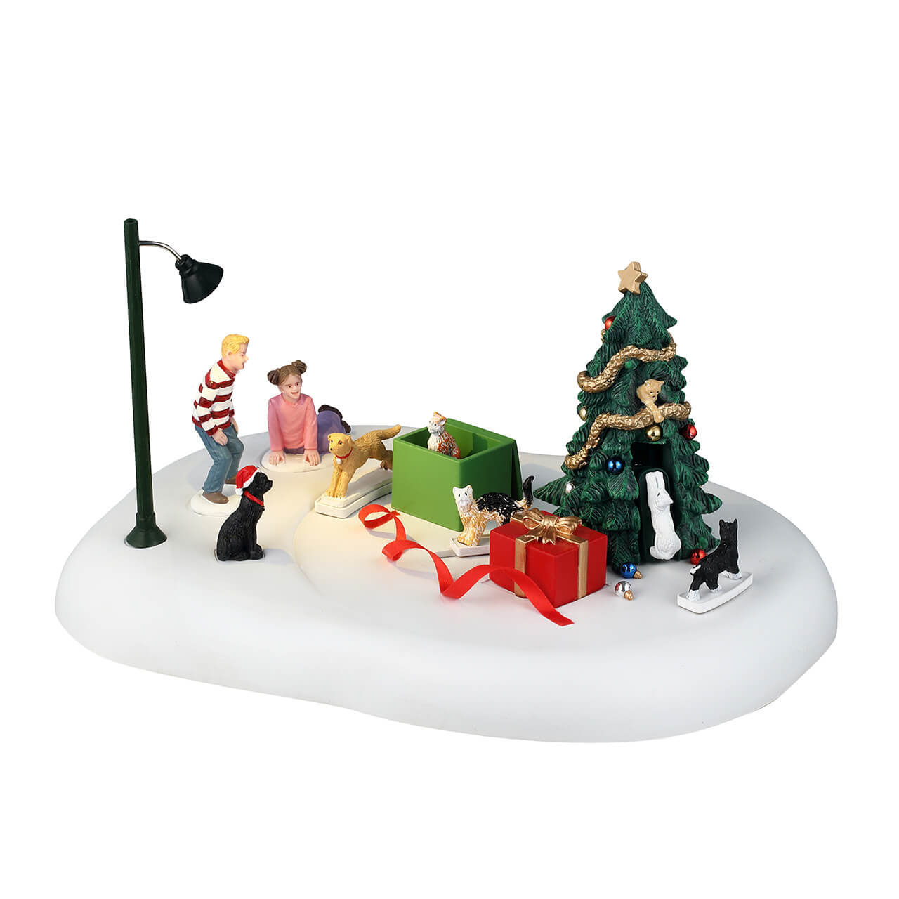 Christmas Cats Lemax con Gatti con Albero natalizio illuminato, bambini felici e decorazioni festive per Villaggio Lemax. | Dematteis.it