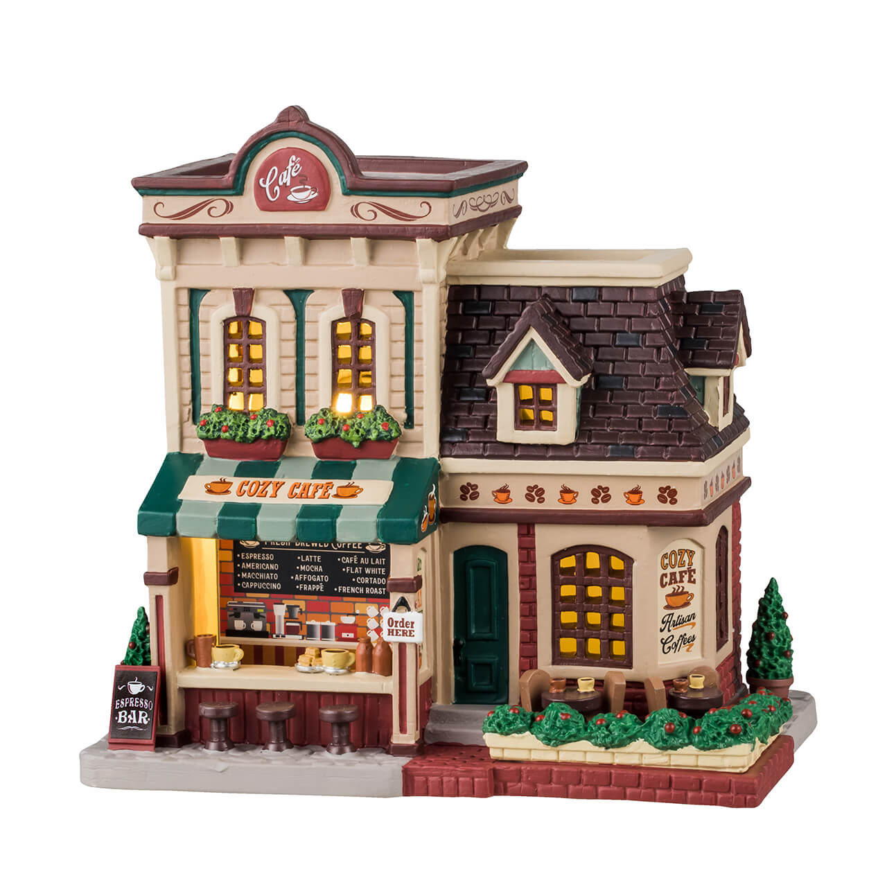 Cozy Café Lemax illuminato con tenda verde a strisce, perfetto per Villaggio di Natale, caffetteria in miniatura con dettagli artigianali. | Dematteis.it