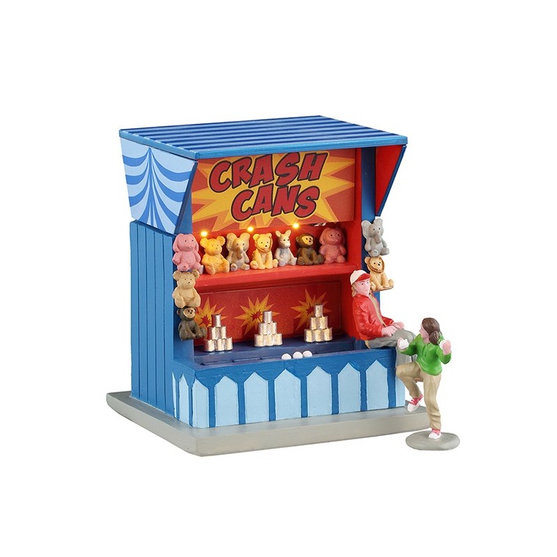 Crash Cans Game Lemax bancarella carnevale con tetto a strisce blu, personaggi bambini che giocano e peluche colorati come premi per Villaggio Natale Lemax | Dematteis.it