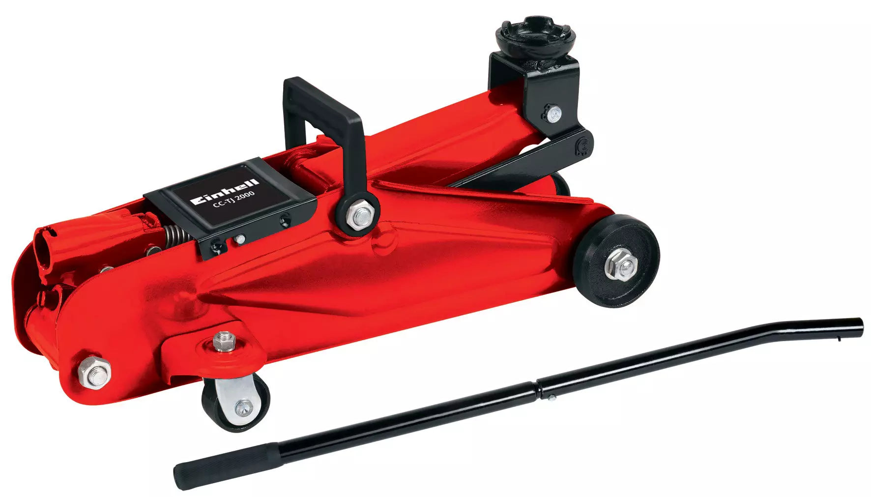 Cricchetto sollevatore idraulico carrellabile Einhell CC-TJ 2000 in colore rosso con reggisella, sistema di sicurezza contro sovraccarico e altezza di sollevamento massima di 33 cm per manutenzione veicoli. | Dematteis.it