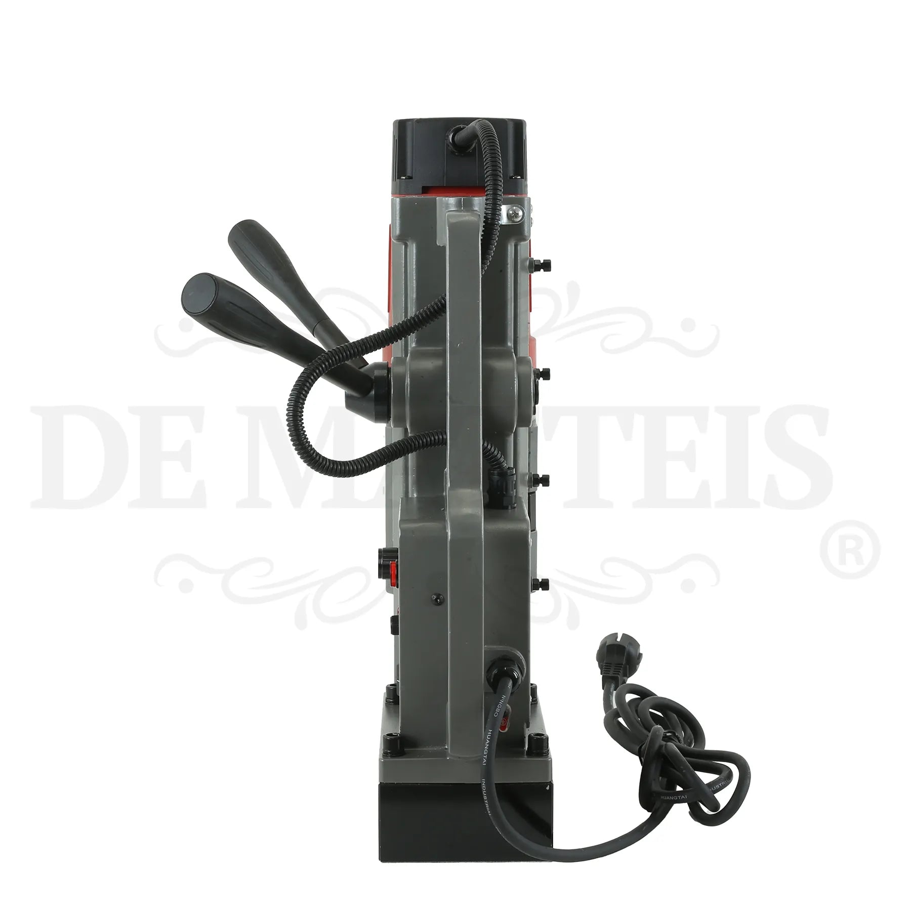 Trapano magnetico BJ-23RE vista laterale destra con colonna rettangolare, guide di scorrimento e cavo di alimentazione con spina Schuko | DeMatteis.it