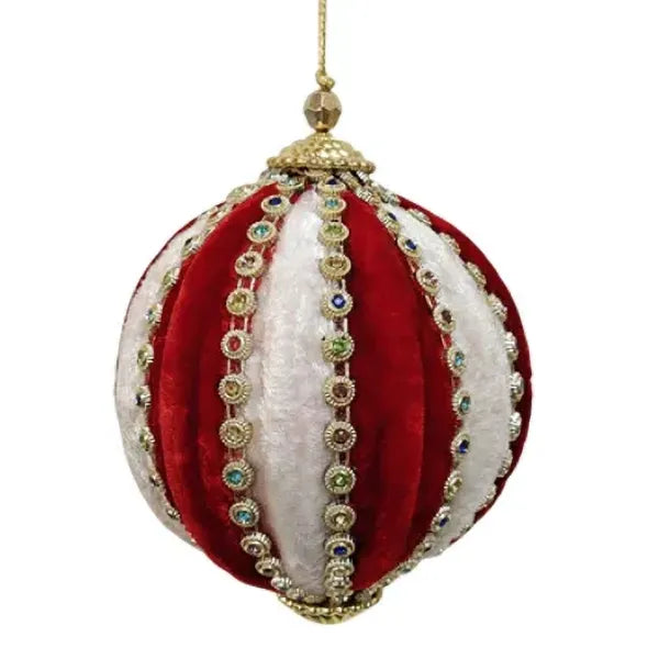 Palla D 10 Cm Velluto Rosso E Bianco Decoro Gemme