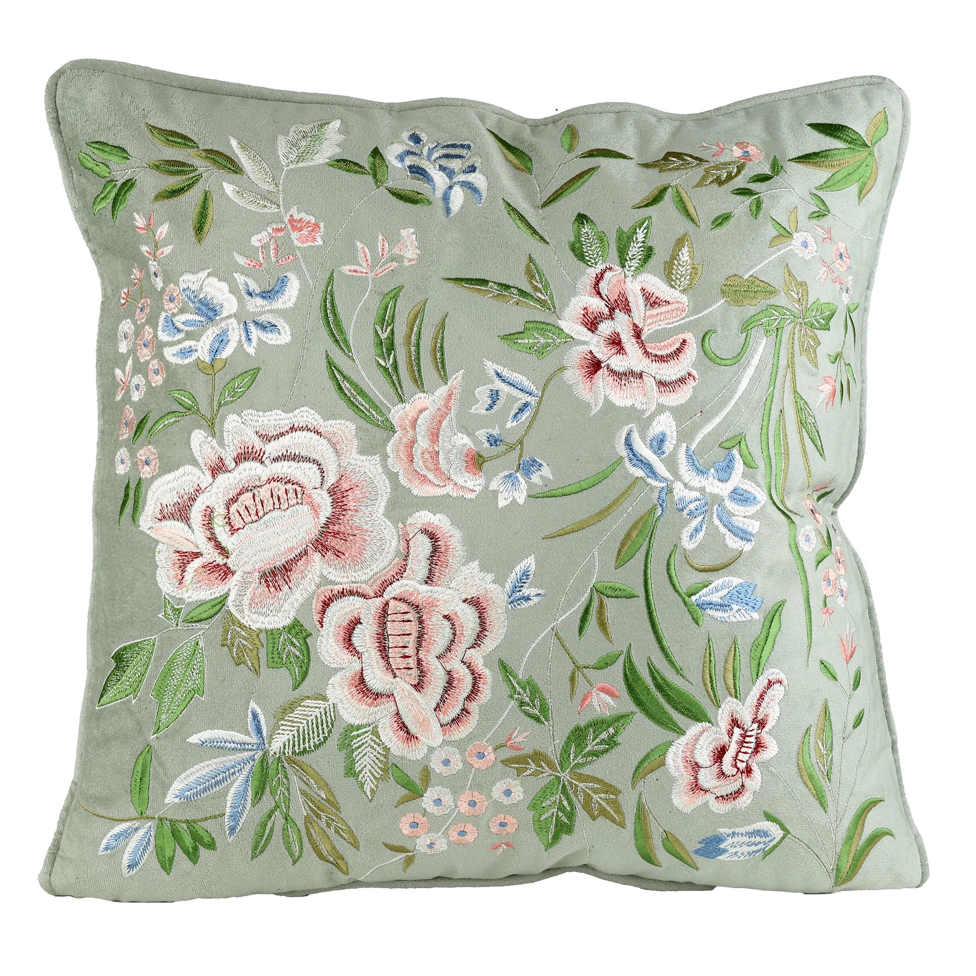 Cuscino 45x45 Cm Verde Ricamato Fiori Rosa