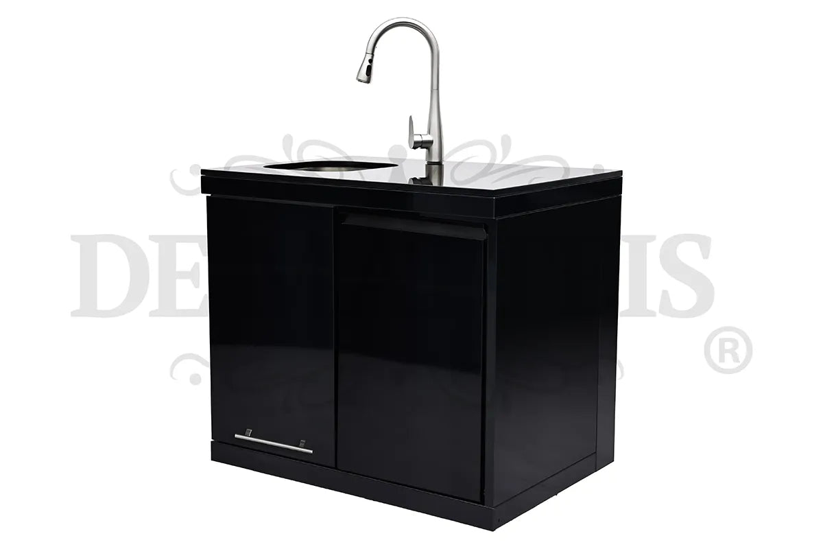 De Matteis, Modulo Lavello e Appoggio Per Barbecue Serie Pro in acciaio inox con piano di lavoro nero, lavello integrato, rubinetto a collo di cigno e mobile con anta nera - DeMatteis.it