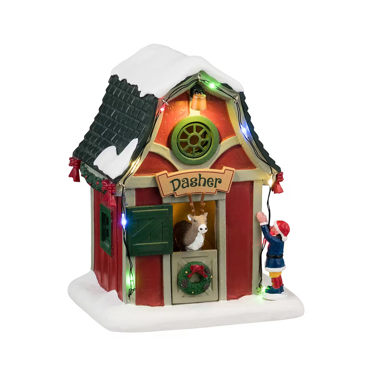 Dasher's Den Lemax illuminato con renna bianca nella stalla, casetta rossa e verde con luci colorate per Villaggio Lemax natalizio. | Dematteis.it