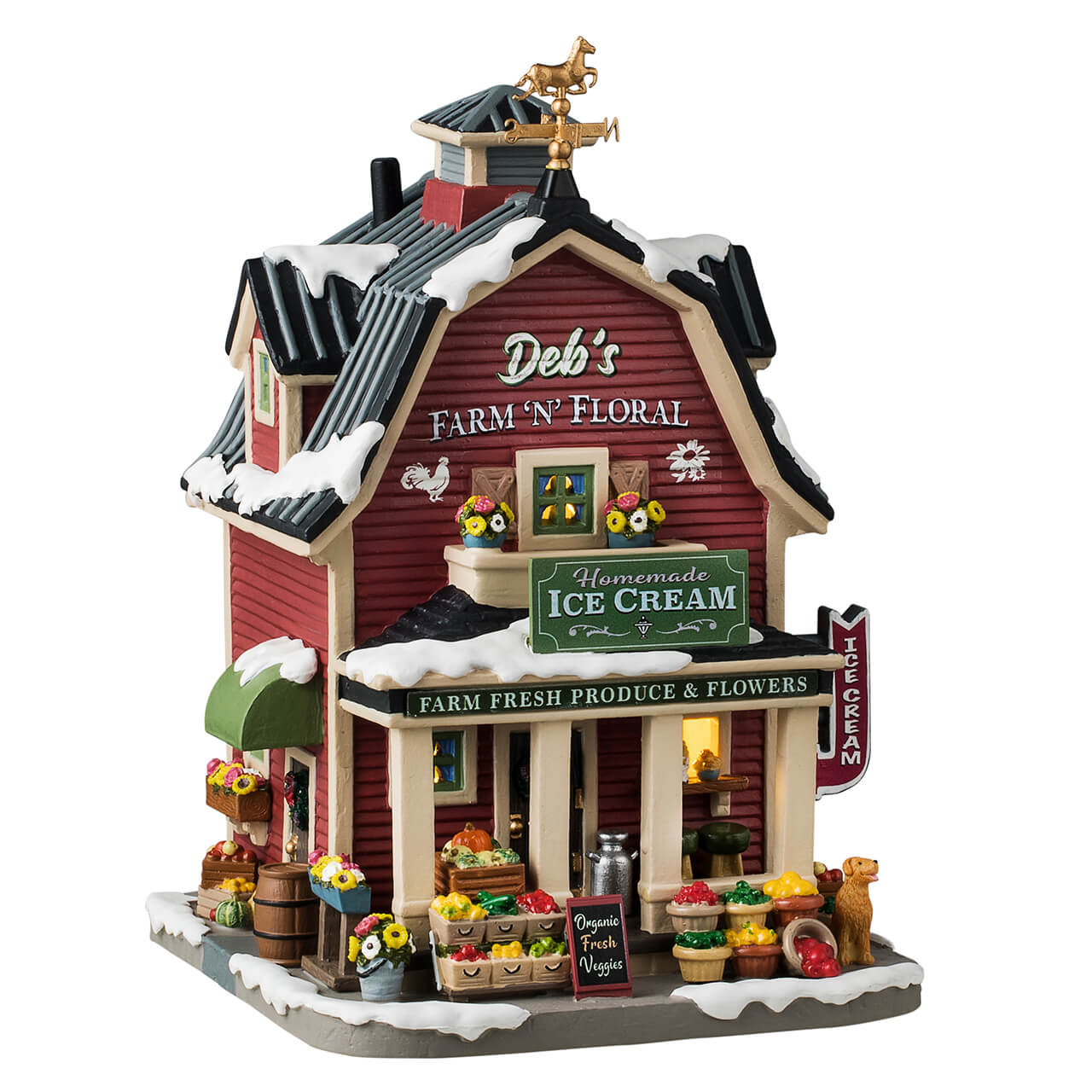 Deb's Farm 'n' Floral Lemax: negozio villaggio di Natale con cottage rosso, tetto grigio, decorazioni natalizie e illuminazione. | Dematteis.it