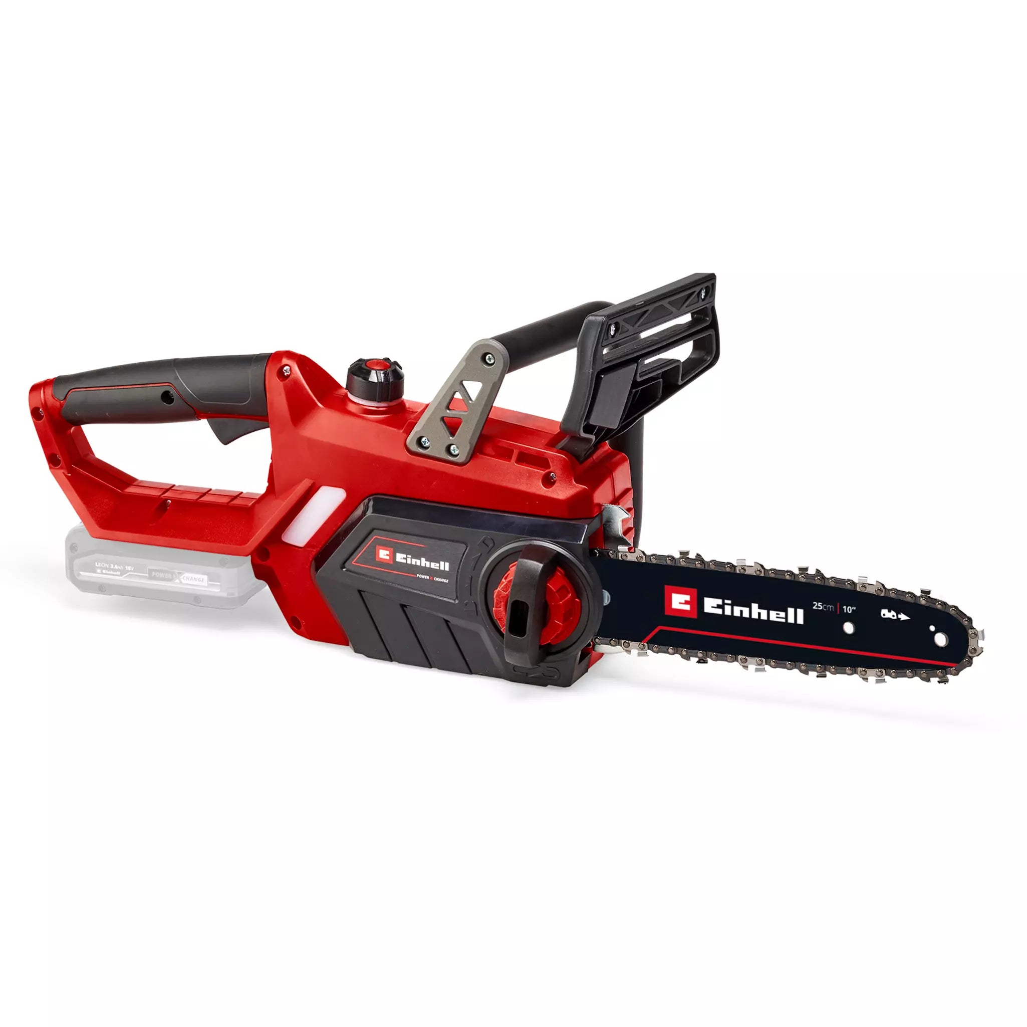 Elettrosega a batteria GE-LC 18/25-1 Li Solo Einhell con design ergonomico rosso e nero, dotata di barra da 25 cm, parte della famiglia Power X-Change, ideale per tagli precisi e abbattimento di piccoli alberi. | Einhell