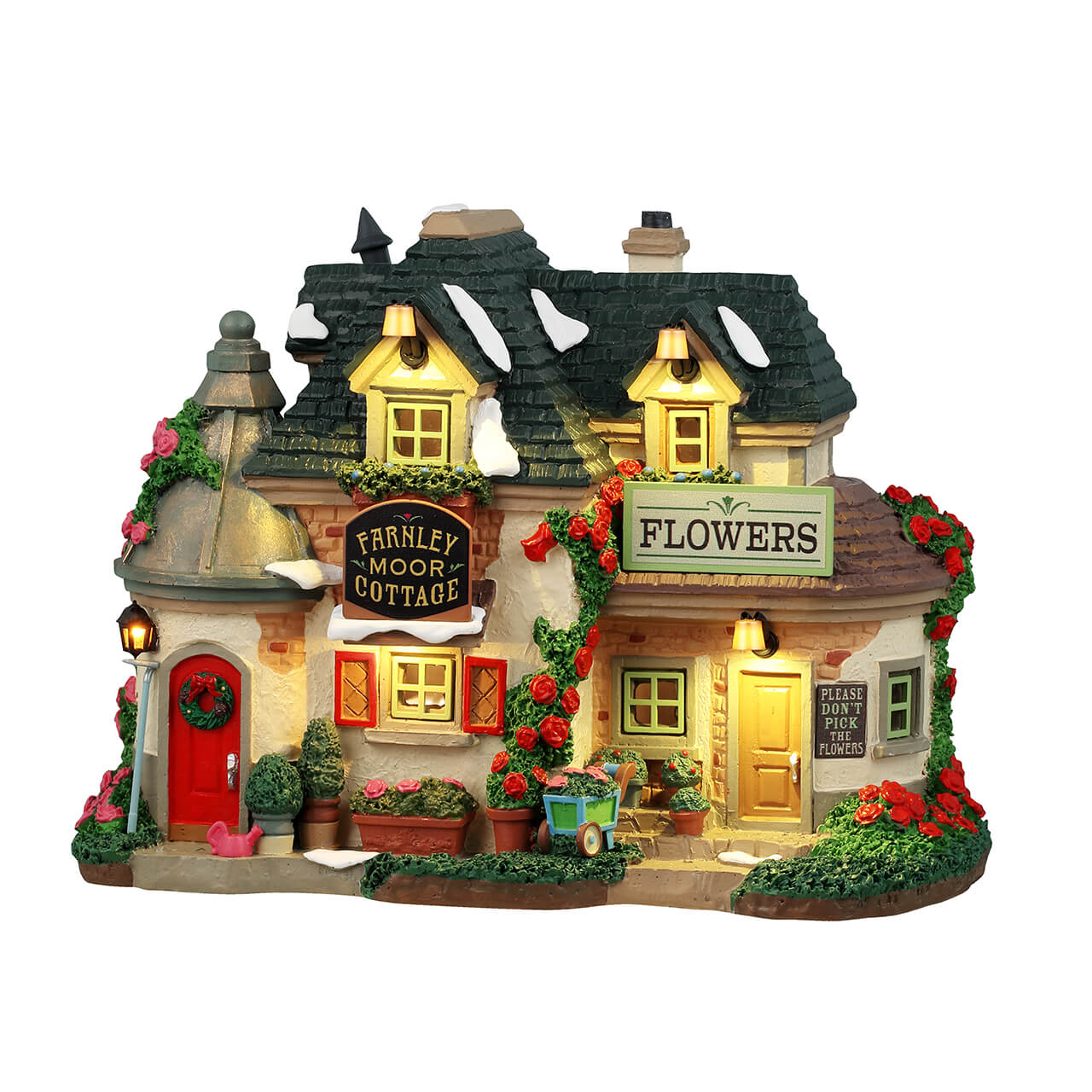 Farnley Moor Cottage Lemax illuminato con fiori rossi e rosa, Casa con Fiori per Villaggio di Natale con tetto innevato e porte colorate | Dematteis.it