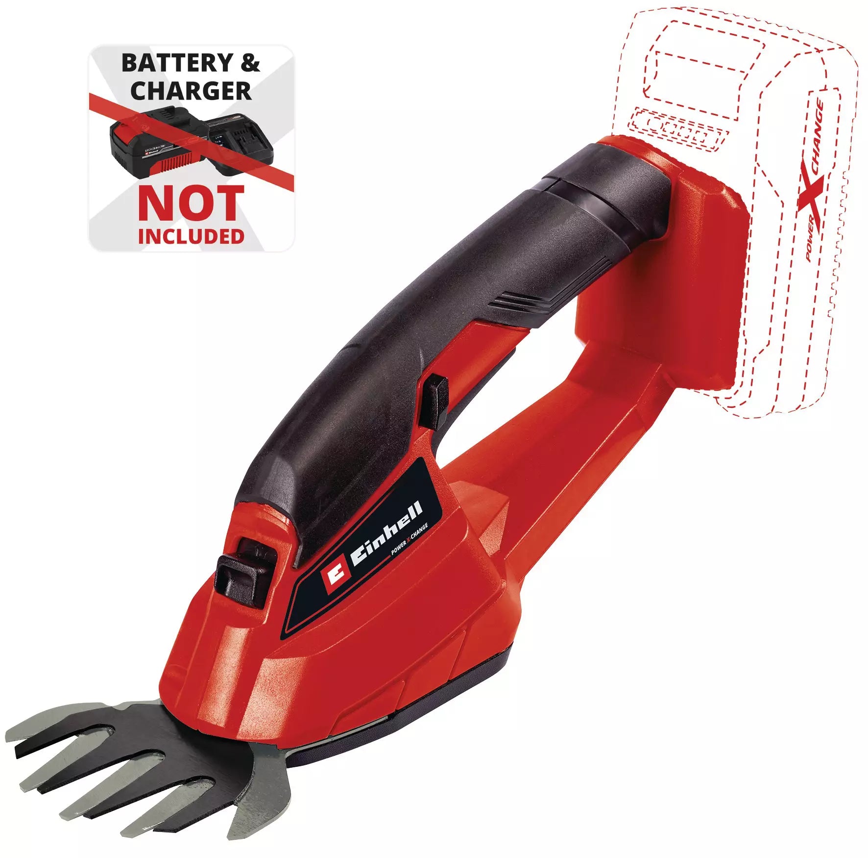 Forbici GC-CG 18/1 Li Einhell con impugnatura ergonomica e lama tagliaerba per la rifinitura precisa dei bordi del prato, parte del sistema a batteria Power X-Change per la massima libertà di movimento. | Dematteis.it