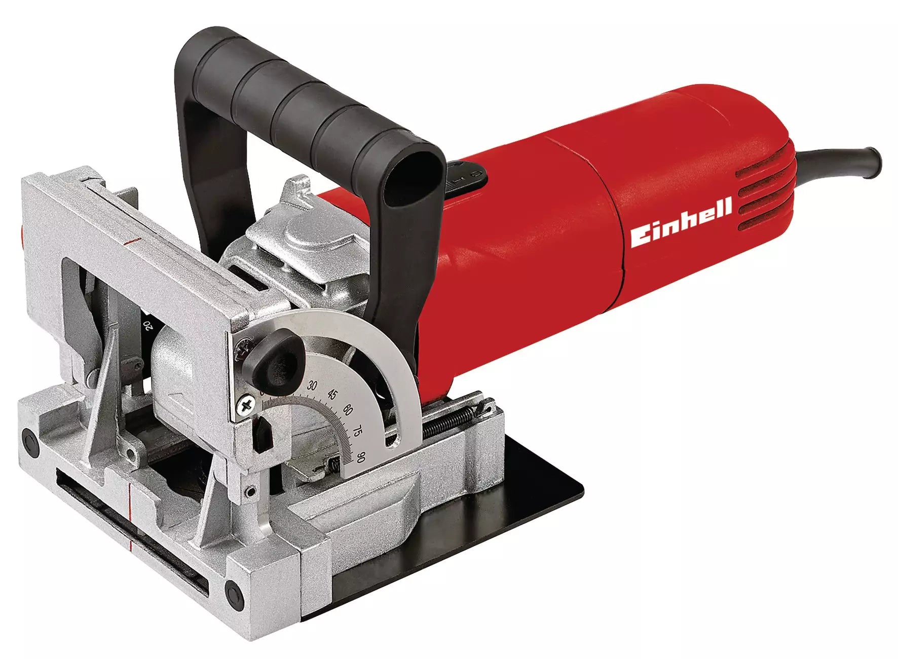 Fresatrice orizzontale TC BJ 900 di Einhell con corpo rosso, impugnatura ergonomica e ampia piastra base in alluminio. Elettroutensile professionale per giunzioni precise con regolazione dell'inclinazione. | Dematteis.it