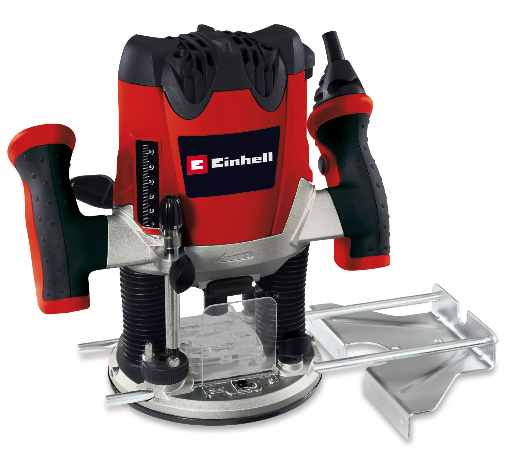 La fresatrice verticale TE RO 1255 E di Einhell con corpo rosso, impugnature ergonomiche antiscivolo, protezione trasparente e sistema di regolazione profondità di precisione per lavorazioni professionali del legno. | Dematteis.it