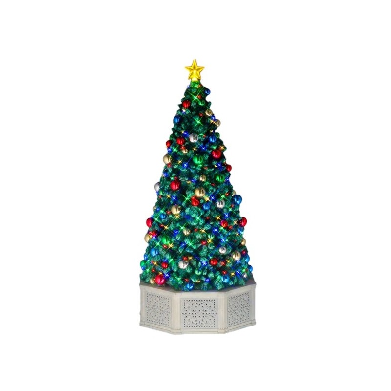 Albero musicale Lemax con luci LED multicolore e base esagonale bianca, perfetto per villaggio Natale Lemax con tecnologia Bluetooth integrata. | Dematteis.it