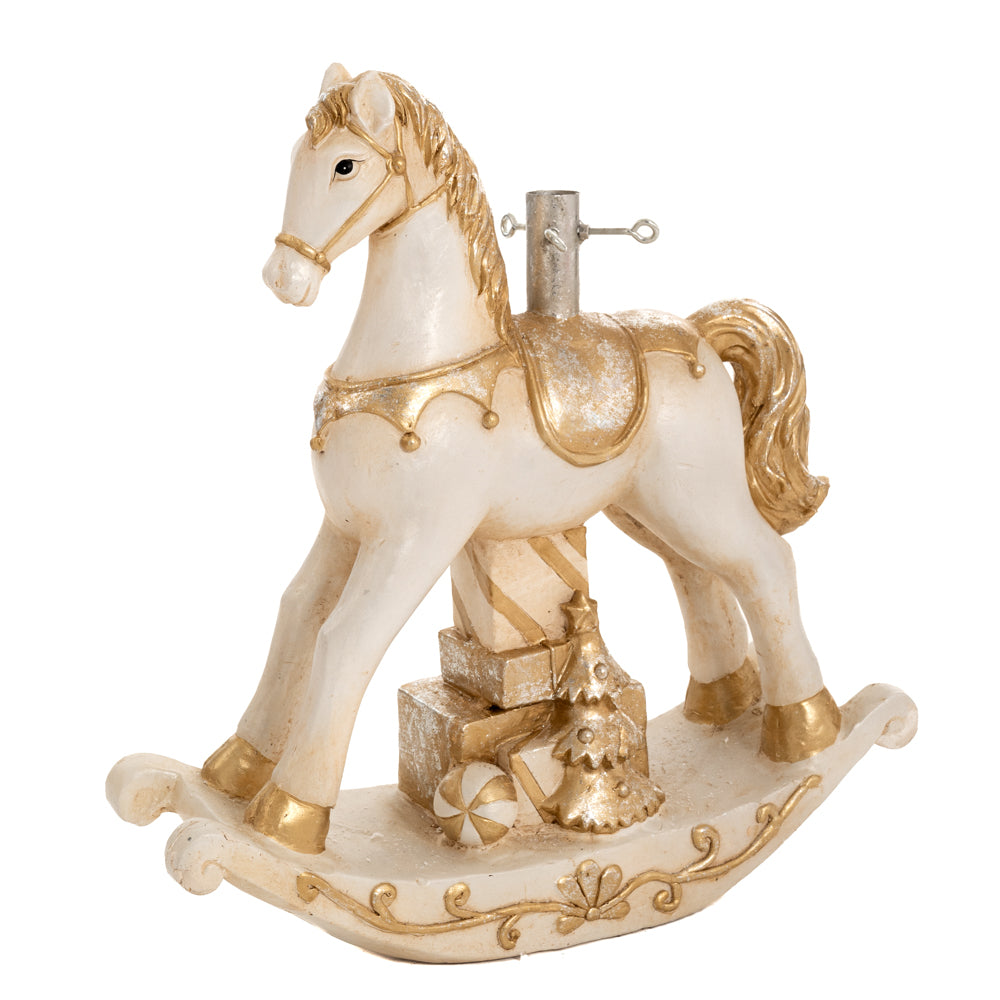 Cavallo Dondolo Bianco Oro 42x42x44 Cm Base Albero