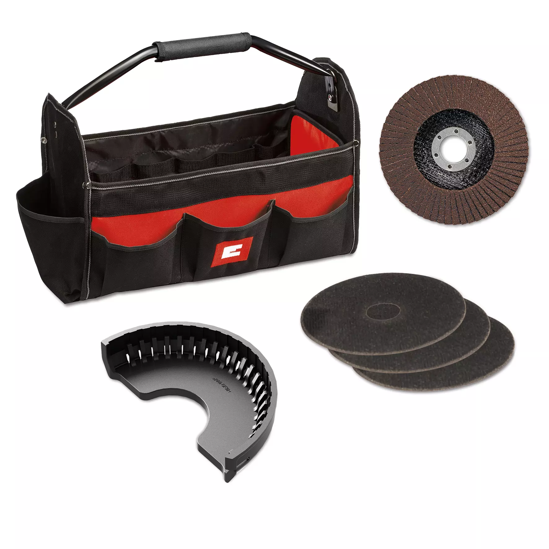Kit smerigliatrice angolare TC-AG 125/850 con protezione disco, sistema anti-avviamento e testa in metallo, fornito con borsa, tre dischi da taglio e un disco di levigatura Einhell. | Dematteis.it