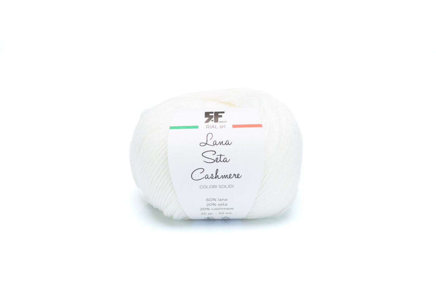 Rial, Filato Lana Seta Cashmere 25 g colore 01 in gomitolo bianco con etichetta tricolore e composizione 60% lana 20% seta 20% cashmere - DeMatteis.it