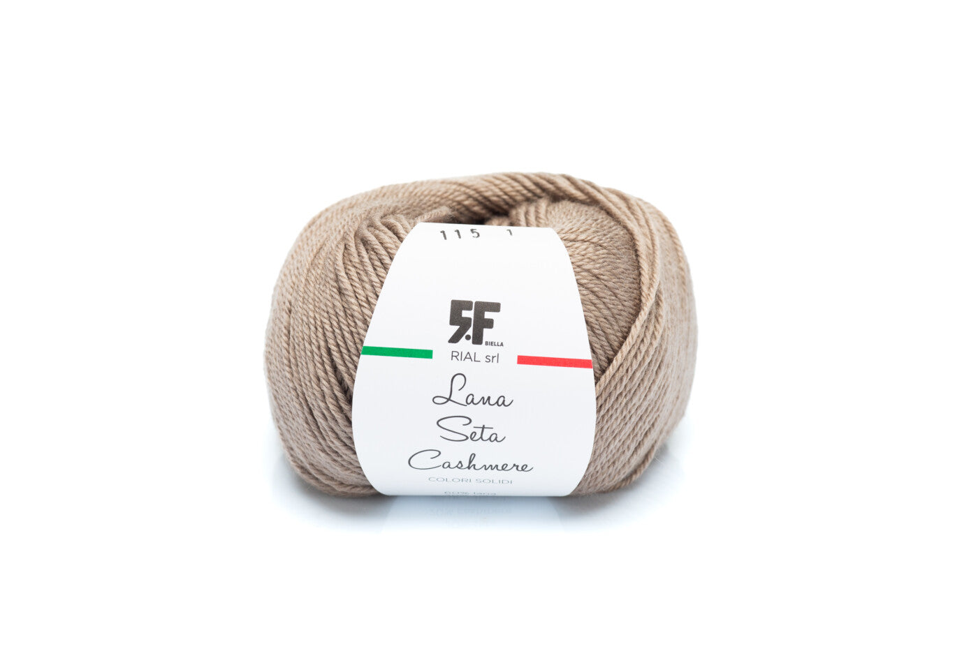 Rial, Filato Lana Seta Cashmere 25 g colore 115 in gomitolo beige tortora con etichetta bianca per lavori a maglia e uncinetto - DeMatteis.it