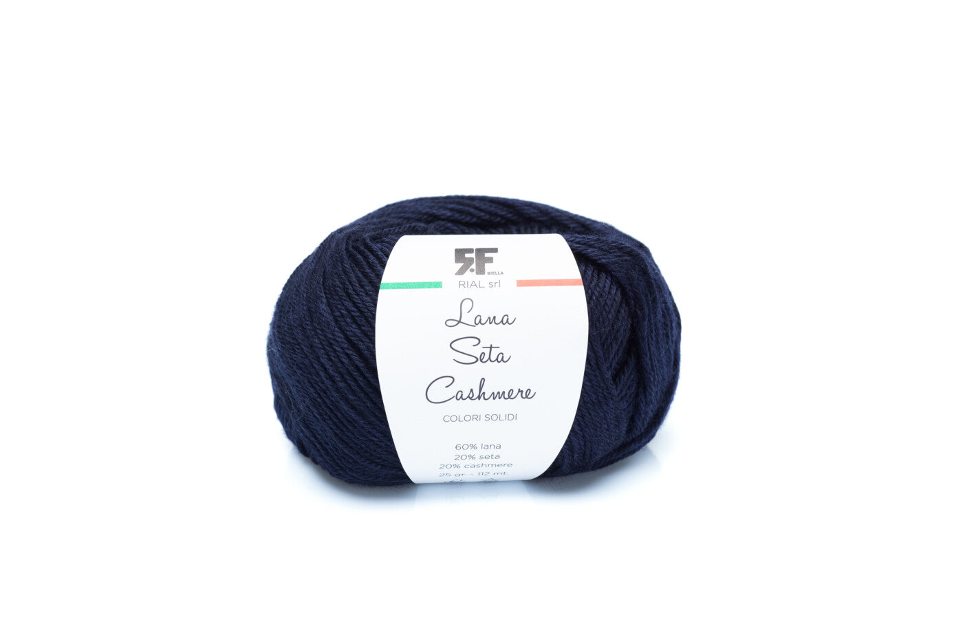 Rial, Filato Lana Seta Cashmere 25 g colore 200 in gomitolo blu navy con etichetta bianca per lavori a maglia e uncinetto - DeMatteis.it