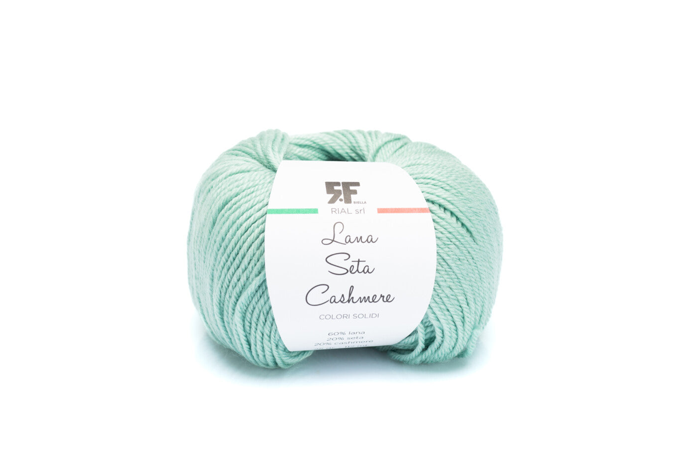 Rial, Filato Lana Seta Cashmere 25 g colore 37 verde acqua in gomitolo con etichetta bianca per lavori a maglia - DeMatteis.it