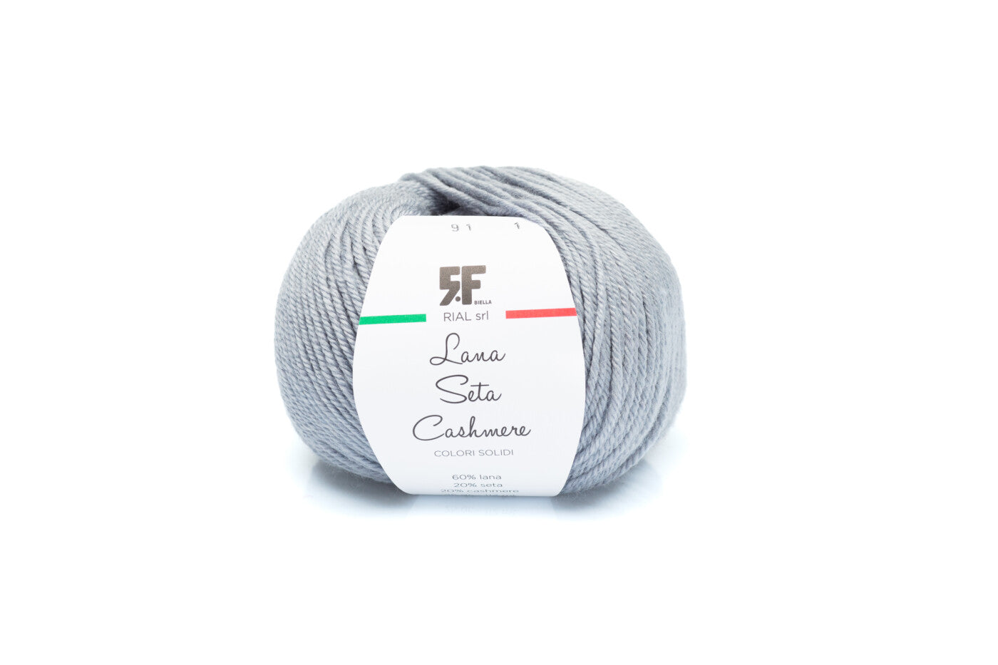 Rial, Filato Lana Seta Cashmere 25 g colore 91 gomitolo grigio chiaro con etichetta bianca per lavori a maglia e uncinetto - DeMatteis.it