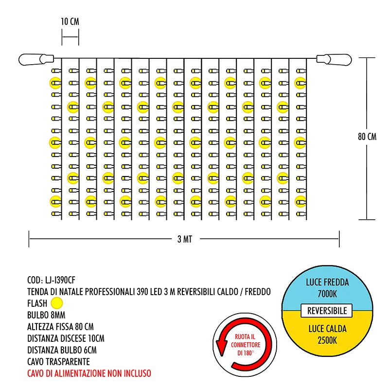 Tenda Luci Professionali 390 Led Reversibili Caldo Freddo per illuminazione natalizia 3 m con controllo temperatura colore - DeMatteis.it