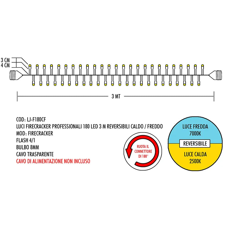 Luci Firecracker Professionali 180 Led Reversibili Caldo Freddo per illuminazione decorativa 3 m con funzione reversibile temperatura colore - DeMatteis.it