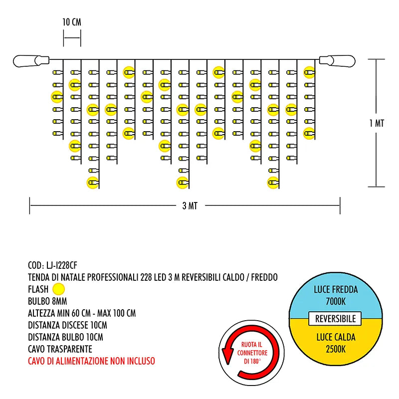 Tenda Luci Professionali 228 Led Reversibili Caldo Freddo per illuminazione natalizia 3 m con bulbi da 8 mm reversibili - DeMatteis.it