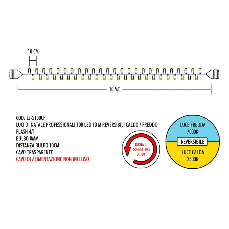 Luci Natale Professionali 100 Led 10 m reversibili luce calda e fredda per illuminazione decorativa natalizia - DeMatteis.it