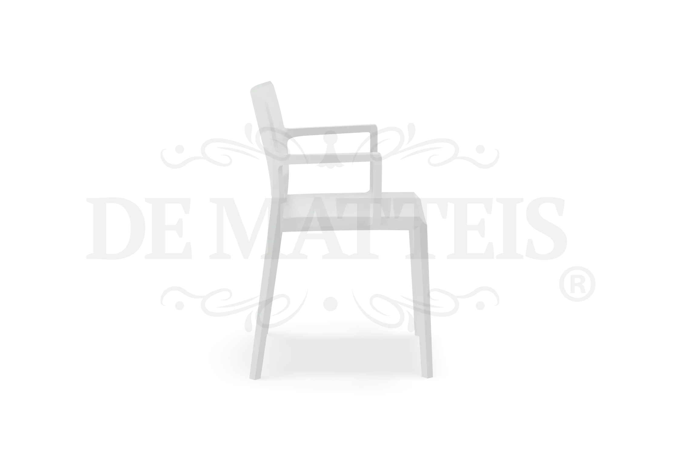 De Matteis, Sedia Esterno Resina Studio Con Braccioli Bianca vista laterale con struttura monoblocco in resina bianca e design minimalista - DeMatteis.it
