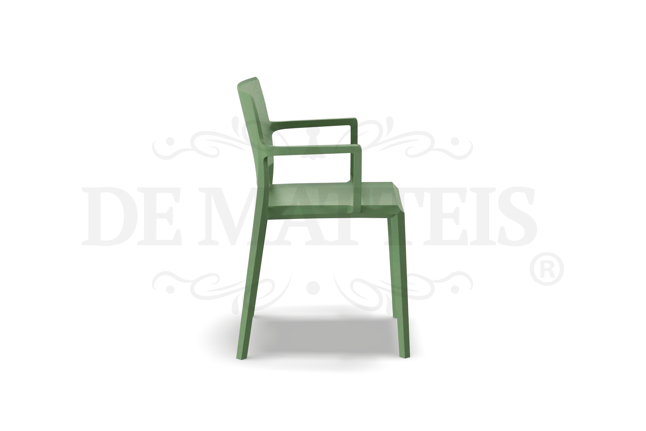 De Matteis, Sedia Esterno Resina Studio Con Braccioli Verde vista laterale con struttura monoblocco in plastica verde opaco e design moderno - DeMatteis.it