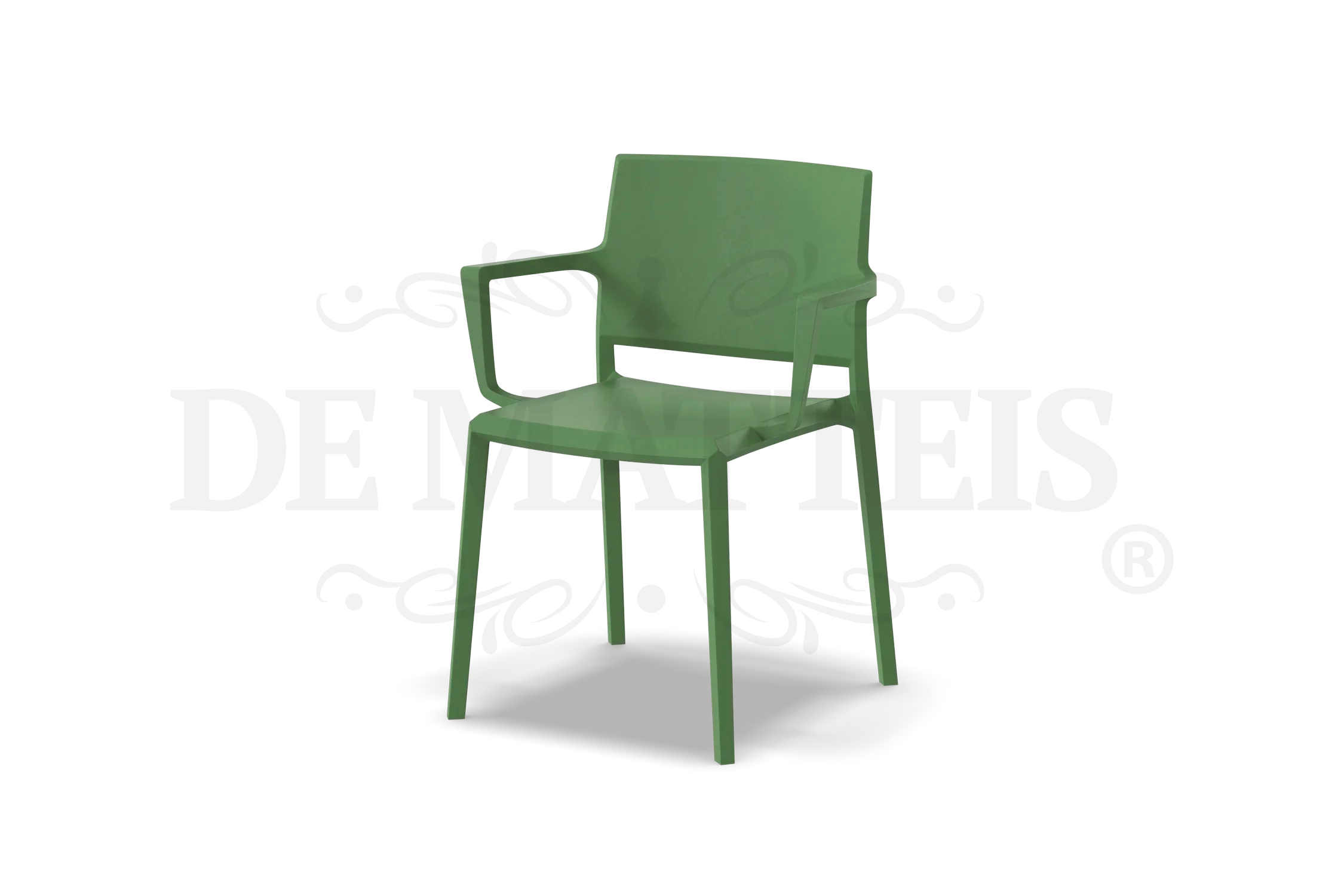 De Matteis, Sedia esterno resina Studio con braccioli verde in struttura monoblocco con seduta e schienale ergonomici su sfondo neutro - DeMatteis.it